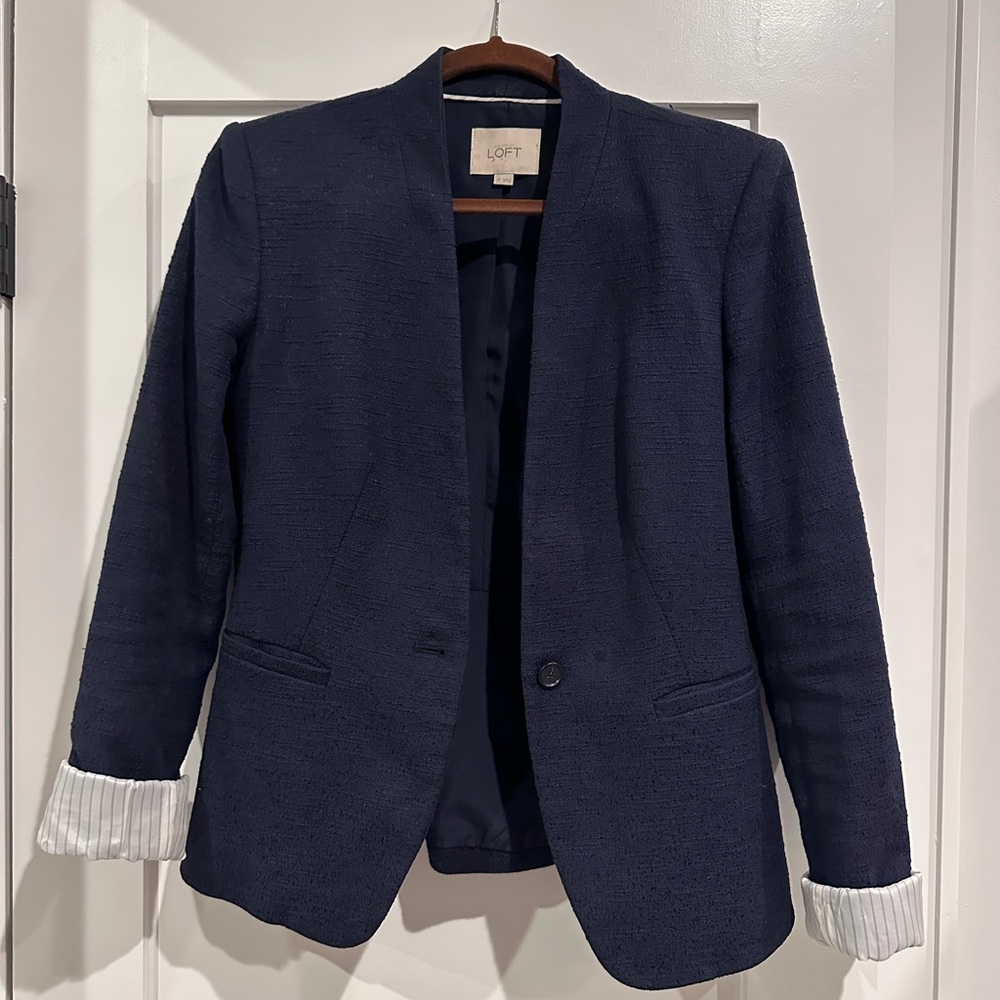 LOFT Women's Dark Blue Blazer with White Accents